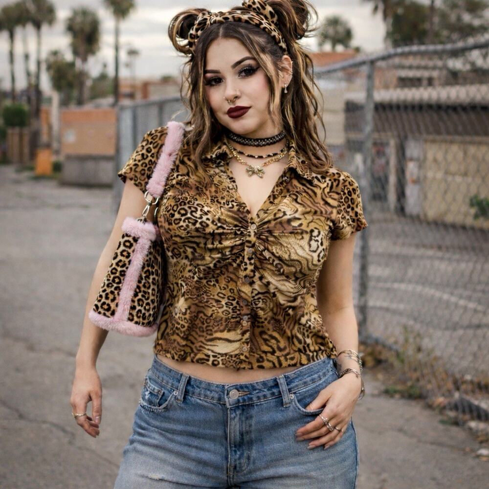 Vintage 90s Y2K Ruched Animal Print Cap Sleeve‎ Top Large Button Up Grunge Goth